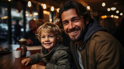 happy father and son in cafe. Generated by AI