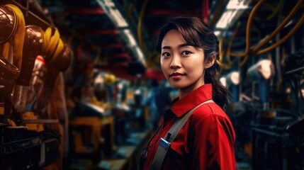 Portrait of an Asian female engineer in uniform working in a professional factory, AI generative