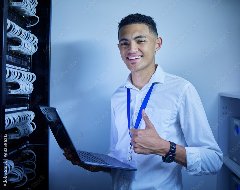 Fototapete Man, thumbs up and server room on computer in cybersecurity, IT cables and hardware or data safety solution. Electrician, engineering portrait and laptop with like or good job in software programming