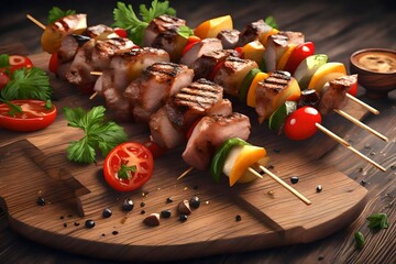 Grilled meat skewers, shish kebab with vegetables on wooden board. Good food. Delicious food 3d...