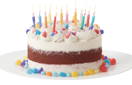 birthday cake with candles isolated on white transparent background PNG,  ai generative image 