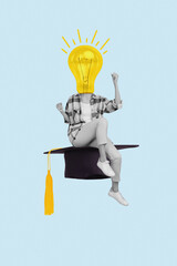 Vertical photo collage picture of headless surreal student lightbulb lamp invention idea tassel...