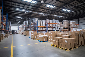 Interior of a modern warehouse. Large space for storing and moving goods. Logistics. Trade in the modern world.