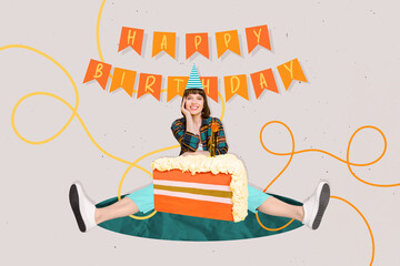 Artwork collage picture of cheerful girl cone hat happy birthday flags huge cake piece isolated on...