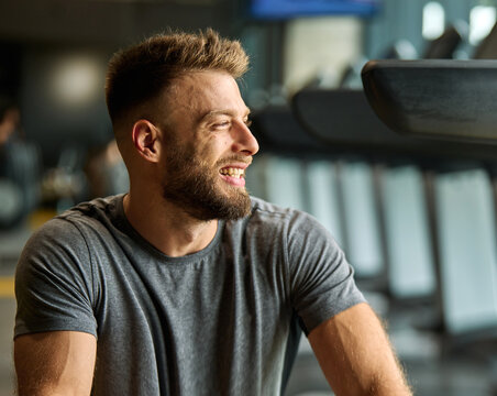 gym sport fitness exercise health healthy man training portrait break running treadmill indoor fit machine active workout body elliptical cross trainer activity