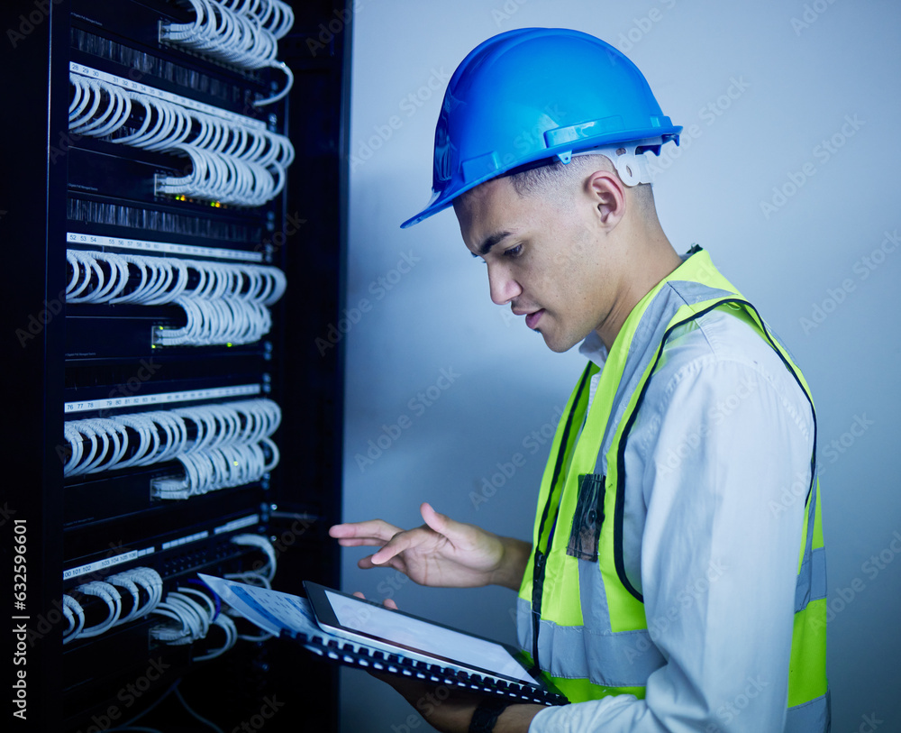 Aufkleber Man, engineering and tablet for data center maintenance, server room programming or inspection in IT cybersecurity. Electrician or person on typing on digital technology for coding or cables solution