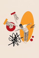 Vertical composite photo collage of fingers directing at young astonished man look down in abyss...