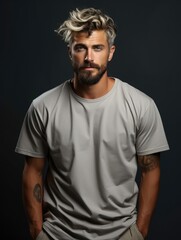 Naklejka premium A man in a white T-shirt on a dark background. Generated by AI