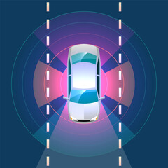 Autonomous smart car automatic wireless sensor driving on road around the car.