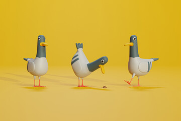 Pigeons on the street isolated on yallow background - 3D illustration