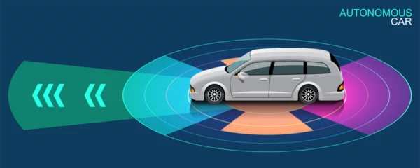 Fotobehang Autonomous smart car automatic wireless sensor driving on road around the car. © Johnstocker