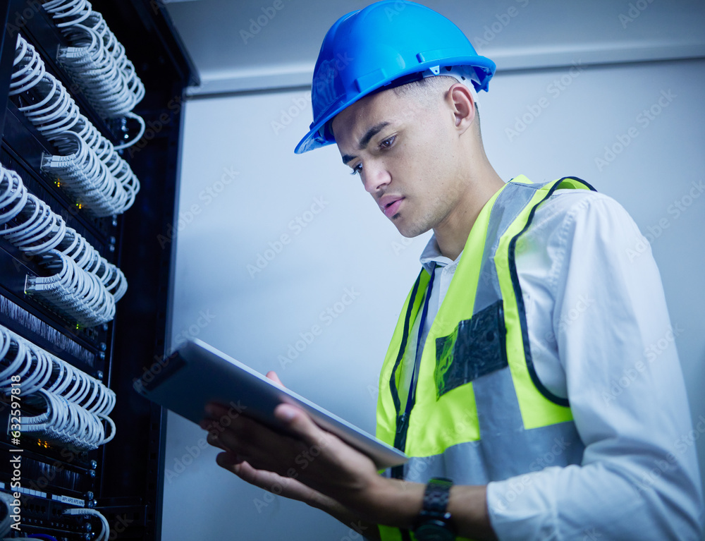 Aufkleber man, engineering and server room, tablet and data center management, power upgrade or cybersecurity 