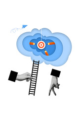 Vertical collage image of black white effect arm hold ladder walking fingers climb darts board...