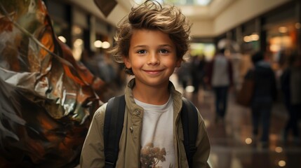 Fototapeta na wymiar A boy aged 6-8 in a shopping mall. Generated by AI