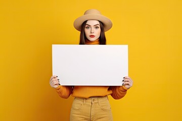 Beautiful young caucasian woman holding a blank placard sign poster paper in her hands. Empty space for editing, ads, copy space. Yellow background. Ai generative