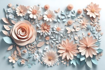 3d render, horizontal floral pattern. Abstract cut paper flowers isolated on white, botanical...
