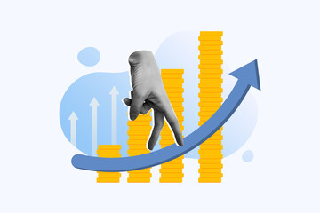 Artwork collage image of black white effect arm fingers walk climb growing arrow upwards pile stack...
