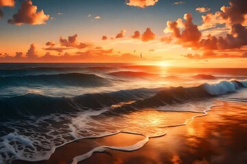 a painting of a sunset over the ocean with waves crashing on the shore and clouds in the sky over the ocean and the beach area 3d rendering - obrazy, fototapety, plakaty