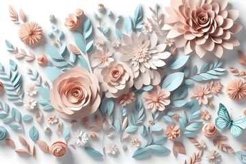 3d render, horizontal floral pattern. Abstract cut paper flowers isolated on white, botanical background. Rose, daisy, dahlia, butterfly, leaves in pastel colors. Modern decorative handmade design 3d 
