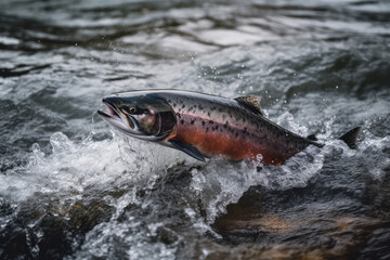 School of salmon fish in shallow river water migrating upstream to spawn, generative AI