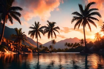 Fototapeta na wymiar Palm trees against sunset sky, tropical coast with waterfall and mountains on a background, river, lake 3d rendering 