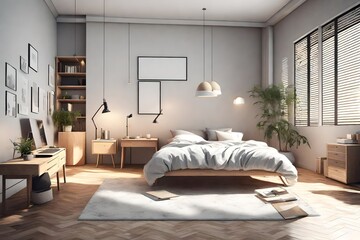 illustration of room with bed and workspace 3d rendering