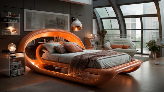 Modern bedroom design. Generated by AI © DigitalMuseCreations