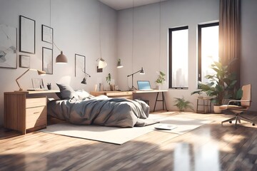 illustration of room with bed and workspace 3d rendering