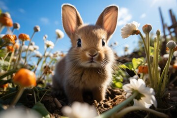 Fototapeta premium Cute baby Easter rabbit on field with green grass and spring flowers, against blue sky.