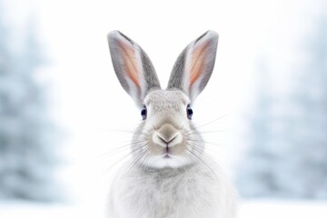 Portrait of cute bunny or rabbit against the backdrop of a winter forest