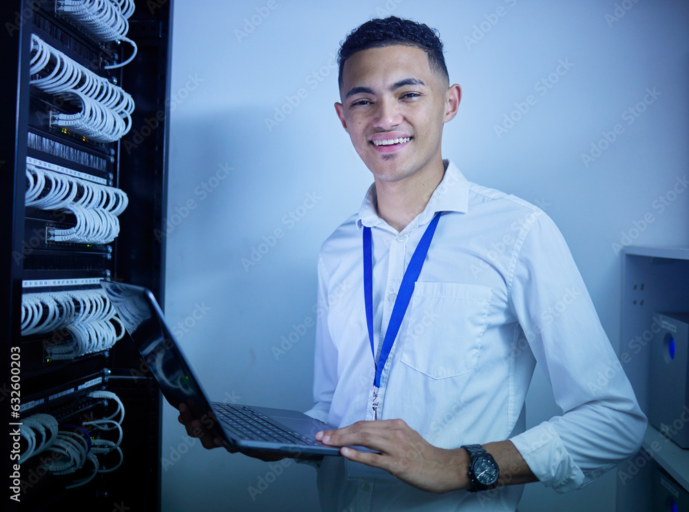Aufkleber Man, electrician and computer in server room inspection, cybersecurity maintenance and IT cables or hardware solution. Technician, engineering portrait and laptop for data, firewall and programming