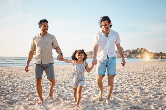Gay couple, summer and holding hands with family at beach for seaside holiday, support and travel. Relax, vacation and love with men and child in nature for lgbtq, happiness and bonding together