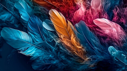 Abstract dark background with colorful feathers, generative AI.