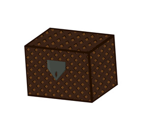 Rectangular brown chest entirely in dark brown checkered carving and gray metal clasp in front, close-up, side view. Closed chest on a white background. Illustration.