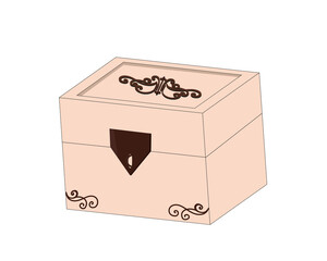 Beige plain rectangular chest with a metallic brown zipper on the front, with bills on the top of the lid and in the lower corners of the front wall. Chest on a white background. Illustration.