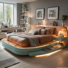 Small bedroom design with smart bed design. Generated by AI