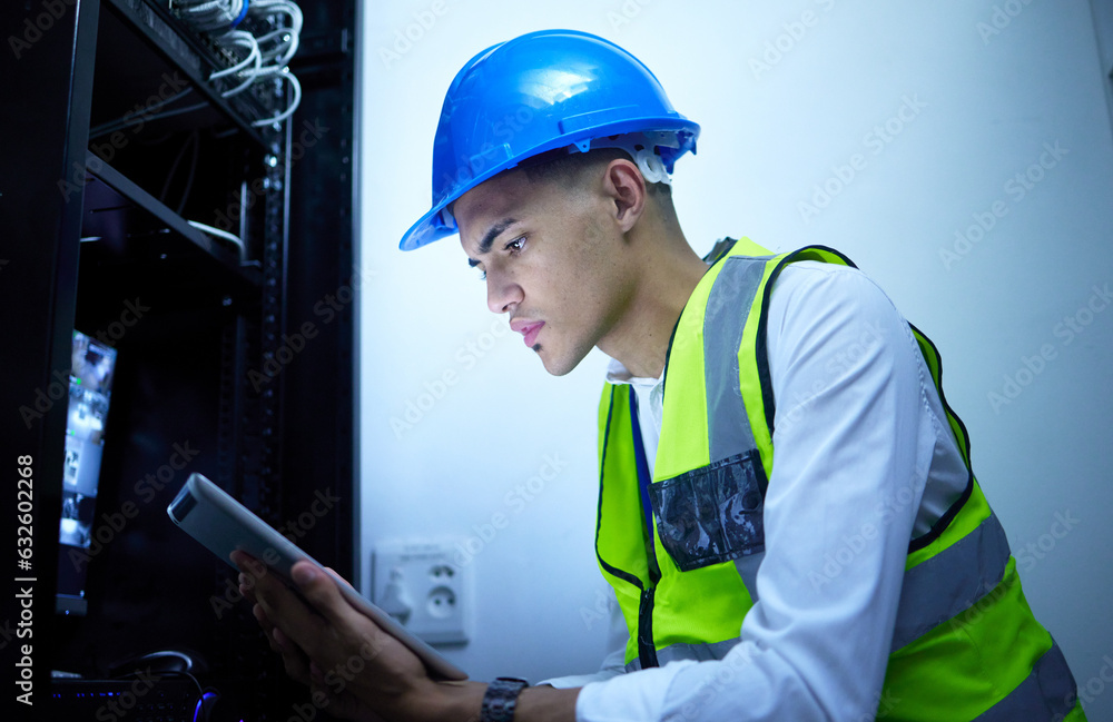 Aufkleber Man, electrician and tablet for power maintenance, server room or data center upgrade in IT or cybersecurity. Young, engineering person on digital tech for network programming, electricity and cables