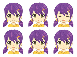 Portrait Young Woman Facial Expressions cartoon style various emotions