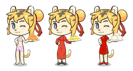 Set of cute girl cosplay in chinese dress waitress cartoon vector