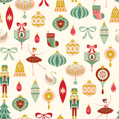 Vector Christmas Seamless Pattern with Vintage Ornaments