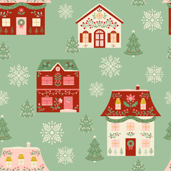 Vector Christmas Seamless Pattern with Festive Decorated Houses