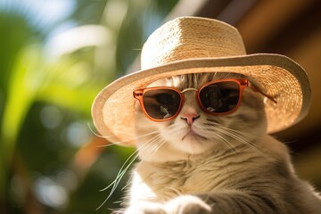 cat wearing sunglasses on blurry tropical background