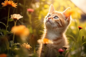 cat in the grass and flowers on blurry background