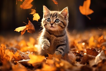 kitten playing in yellow autumn leaves - obrazy, fototapety, plakaty