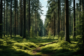 breathtaking view of a coniferous forest, with tall evergreen trees and a carpet of pine needles covering the forest floor Generative AI - obrazy, fototapety, plakaty
