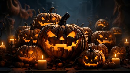 creepy jack o'lantern pumpkin, halloween background, generative ai