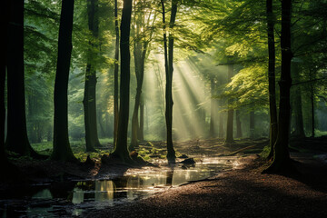 a sunlit beech forest, with rays of sunlight filtering through the canopy, illuminating the forest floor Generative AI