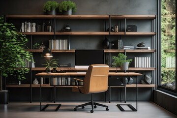 Modern Industrial Home Office with Sleek Metal Desk - AI Generated