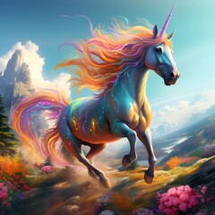 Obraz na płótnie Canvas Rainbow-Stride Pursuit: The Unstoppable Unicorn Racing Across Vast Plains to Reach Its Enchanted Master