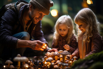 family exploring the forest together, searching for and discovering mushrooms amidst the trees Generative AI